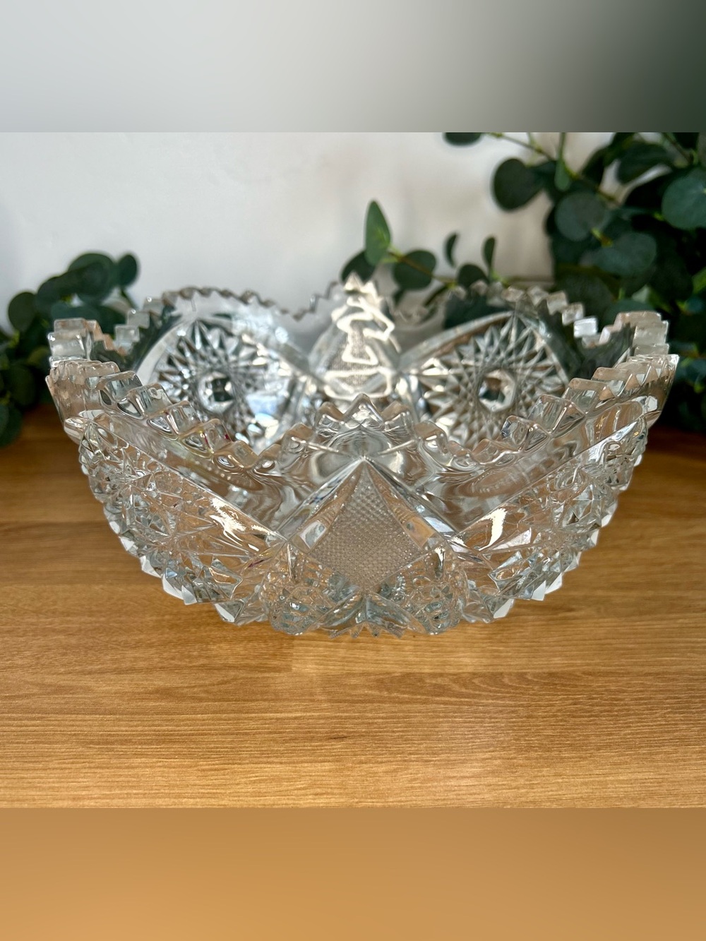 Antique Pressed Glass Bowl | Victorian Sawtooth Rim Hobstar Centerpiece